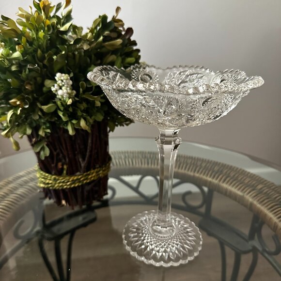 American Brilliant Period Crystal Cut Glass Compote Bowl Pinwheel Starburst